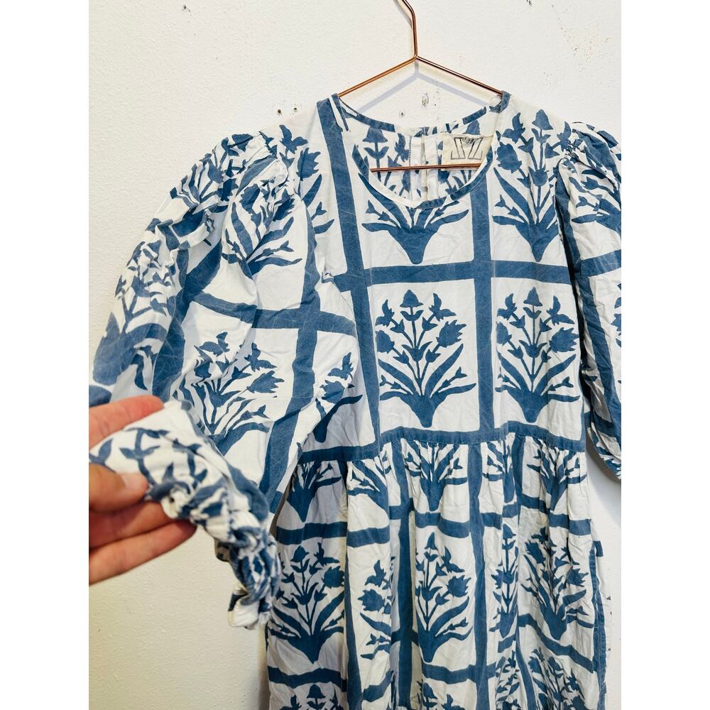 SZ BLOCKPRINTS Blue White Floral 100% Cotton Long Sleeve Orti A-Line Dress Small - Picture 13 of 16